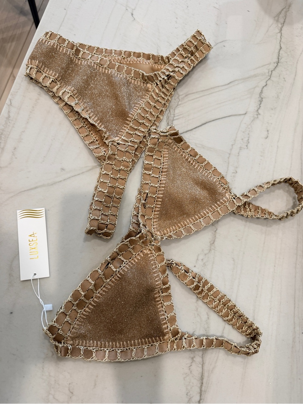 Lux Sea Ariana Gold Lurex Crochet Triangle Bikini Large NWT - Picture 6 of 7